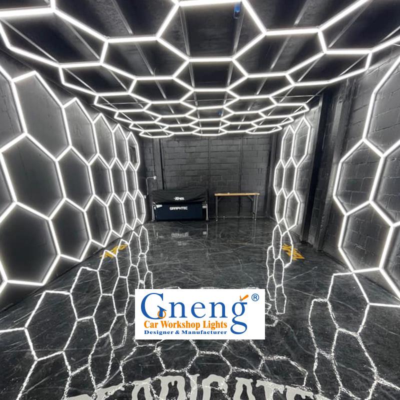 Hexagonal Honeycomb LED Ceiling Light for Garage, Gym, Barber Shop, Supermarket - Energy-Saving Lighting.