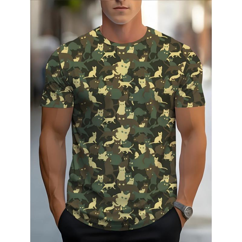 Summer Round Neck  Camouflage Kitten Pattern 3D Print Top Fashionable Casual Short Sleeved Men's T-shirts