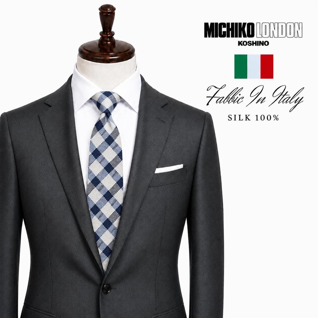 [Michiko London] KOSHINO Necktie, Check Pattern, 100% Silk, Blue, Unisex for Men & Women mki-014-A