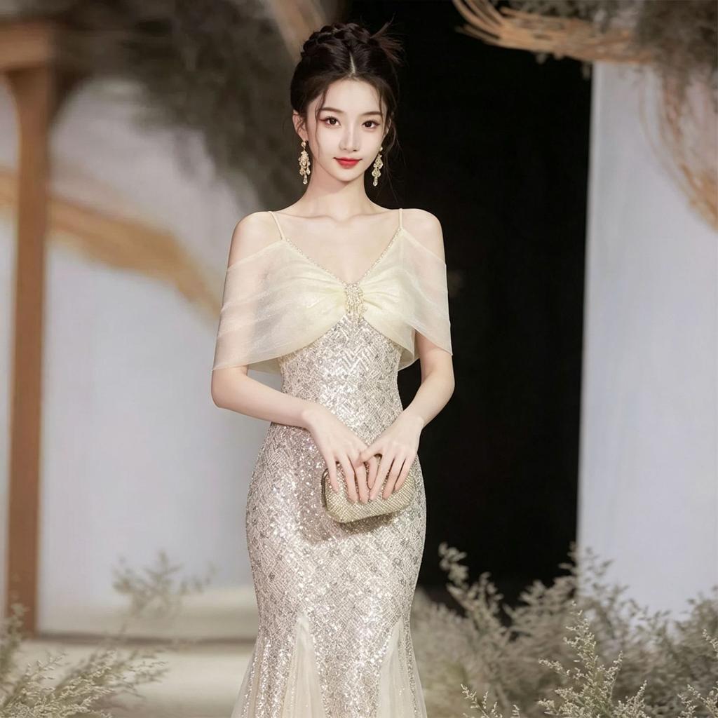 Heavy Industry Evening Dress Suspender New Summer Light Luxury Niche Adult Ceremony Waist Fishtail Sequined Dress Skirt Women