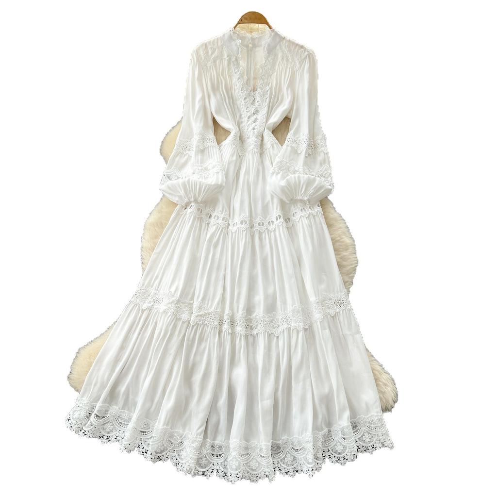 Retro court style bubble sleeve dress women's autumn hollow crochet cross collar design beautiful temperament long skirt