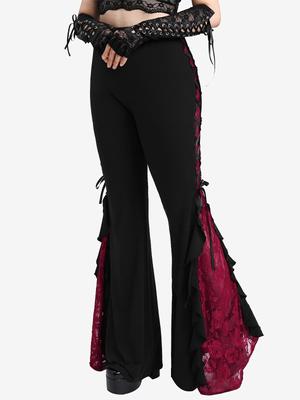 Calça flare com babados e renda rosa gótica Rosegal