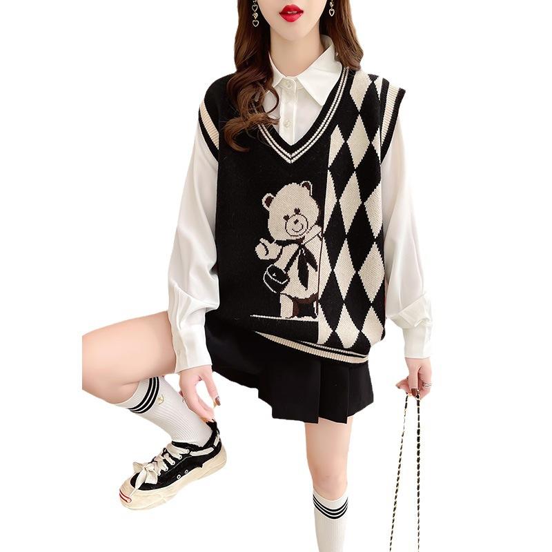 

Свитер с медведем, жилет, женский модный стильный джемпер с v-образным вырезом в стиле Харадзюку, милые осенне-зимние топы One Size чёрный