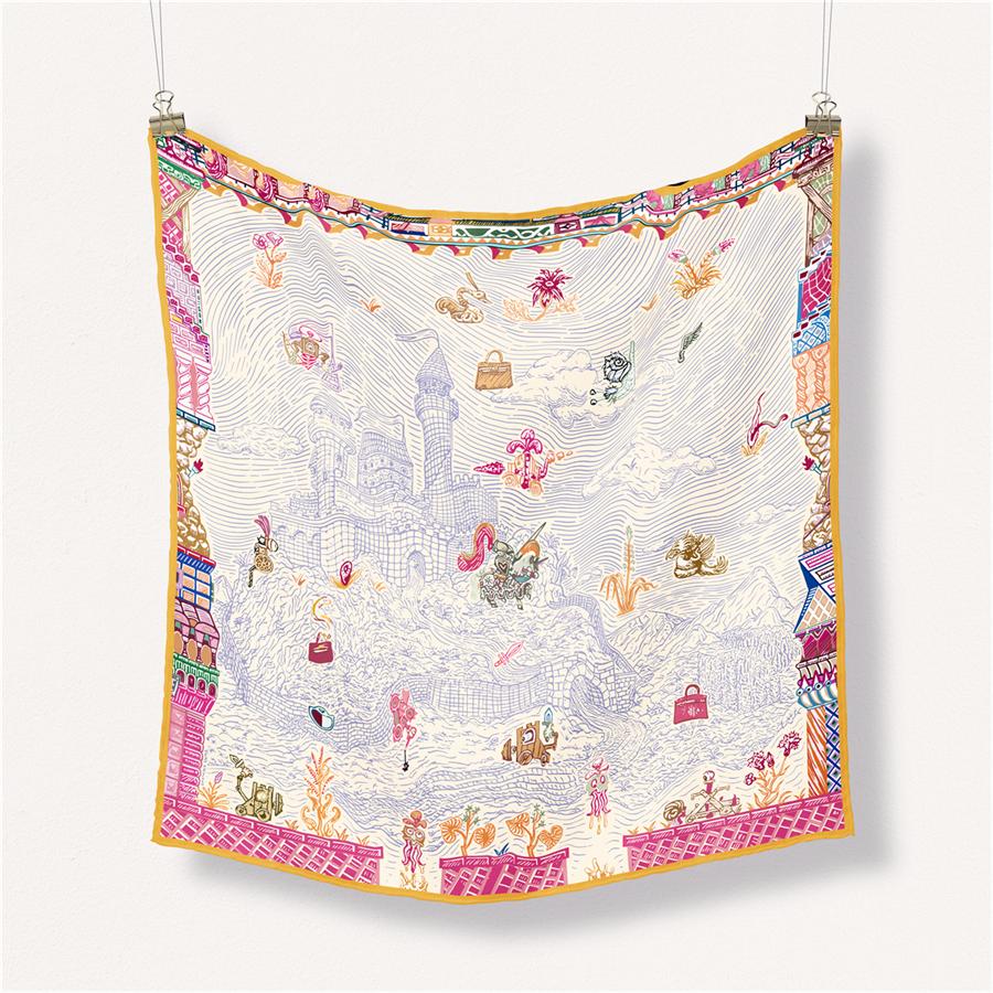 Twill Silk Scarf Woman Castle Painting Square Scarves Wraps Bandana Small Hijab Silk Foulards Tie Headband Neckerchief 53CM