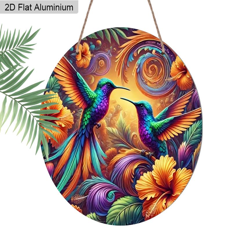 2D Flat 1pc Vintage Colorful Hummingbird Aluminum Sign Round Ornament, Home Office Garden Courtyard Living Room Balcony Decor, Indoor/Outdoor Door