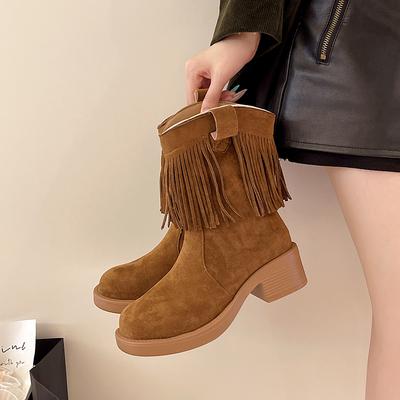 Fashion New Style Fashion Thick Soled Fringed Women's Retro Comfortable Western Cowboy Boots Square Heel Short Leg Knight Boots Platform