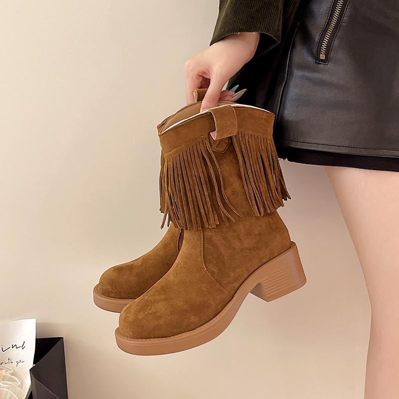 New Style Fashion Thick Soled Fringed Women's Retro Comfortable Western Cowboy Boots Square Heel Short Leg Knight Boots Platform