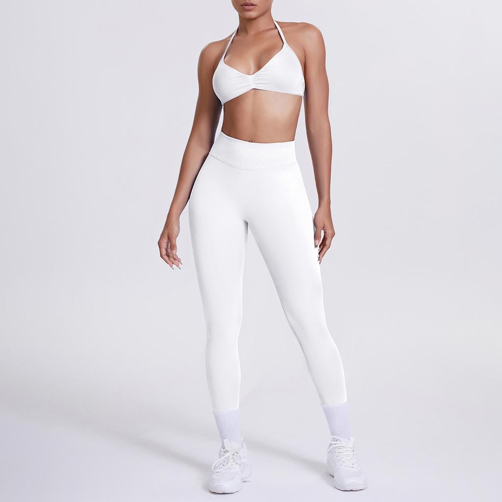 Seamless solid color beautiful back neck bra trousers yoga suit set tight running fitness two-piece set