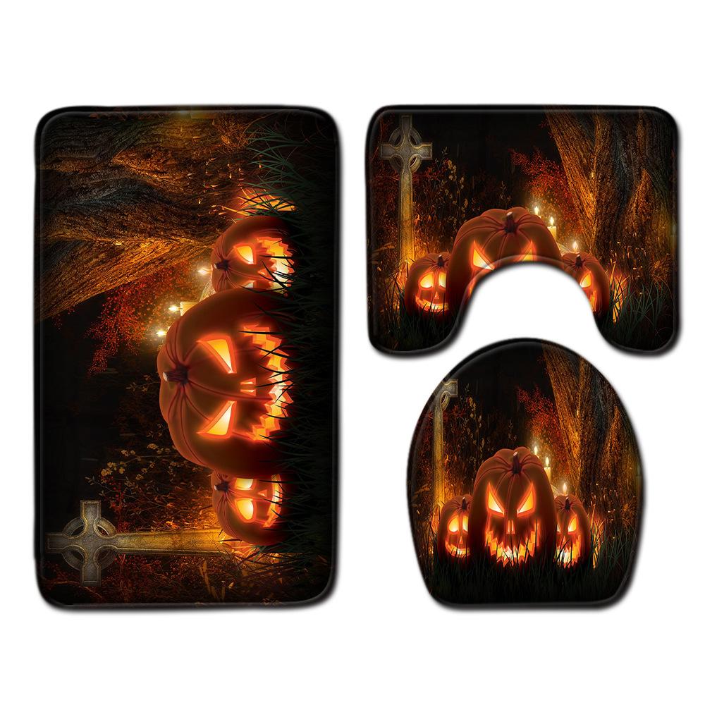 Halloween Shower Curtain Floor Mat Three-Piece Combination Set, Living Room Sand Absorbent Carpet, Bedroom Non-Slip Door Mat