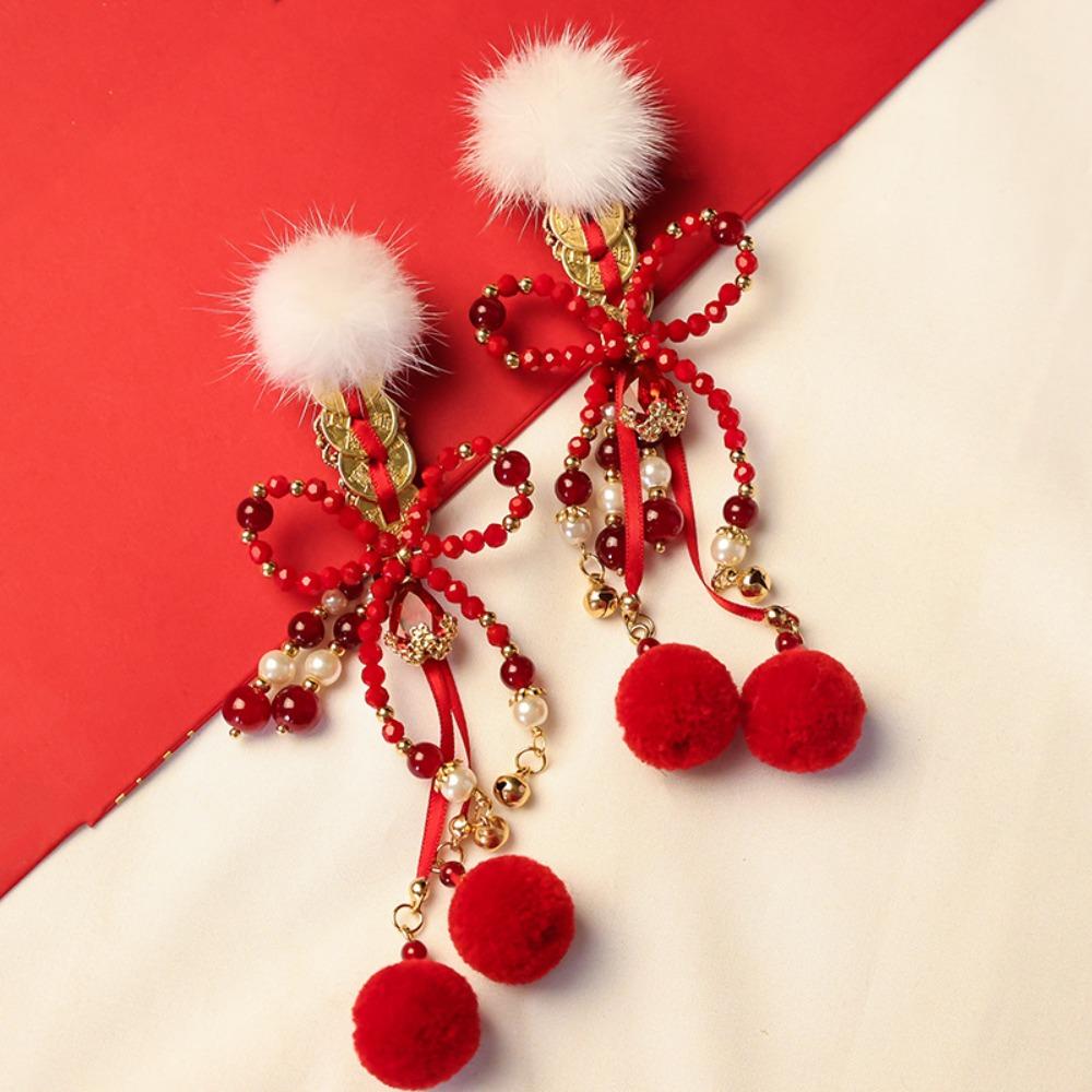 Fuzzy Ball Hanfu Hair Clip Pearl Girl Headdress Festive Chinese New Year Side Clip Photo Props