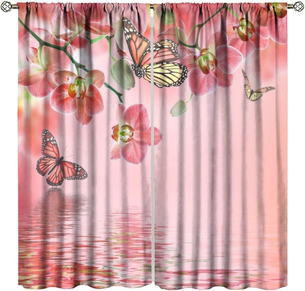 Blue Flower Butterfly Curtains Girls Boy Home Decor Spring Plant Daisy Floral Pattern Drapes Window Curtain With Rod Pocket Polyester