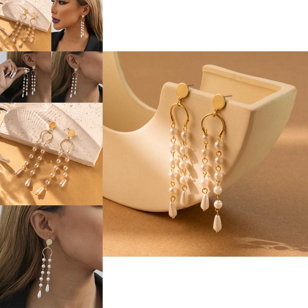 Elegant Asymmetric Tassel Earrings With Faux Pearl Geometric Design For Women