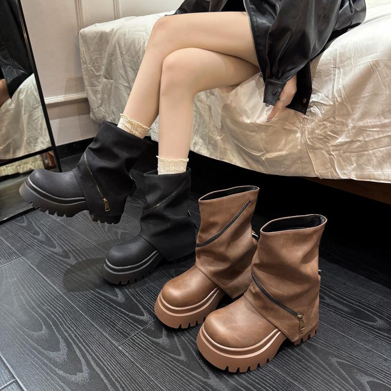 Nischendesign dicksohlige großköpfige Hosenstiefel Martin-Stiefel Damen 2025 neu vielseitige rundköpfige Ein-Pedal-Casual-Kurzstiefel