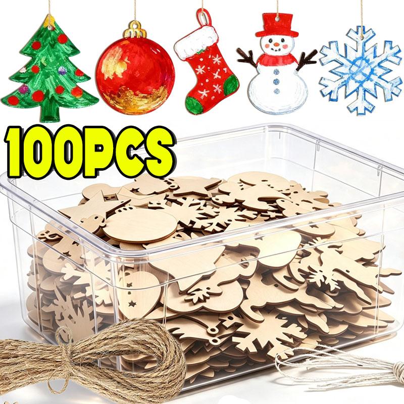 DIY Wooden Christmas Ornaments Blank Paintable Wood Chips for Christmas Tree with 10m Hemp Rope Crafts Decoration