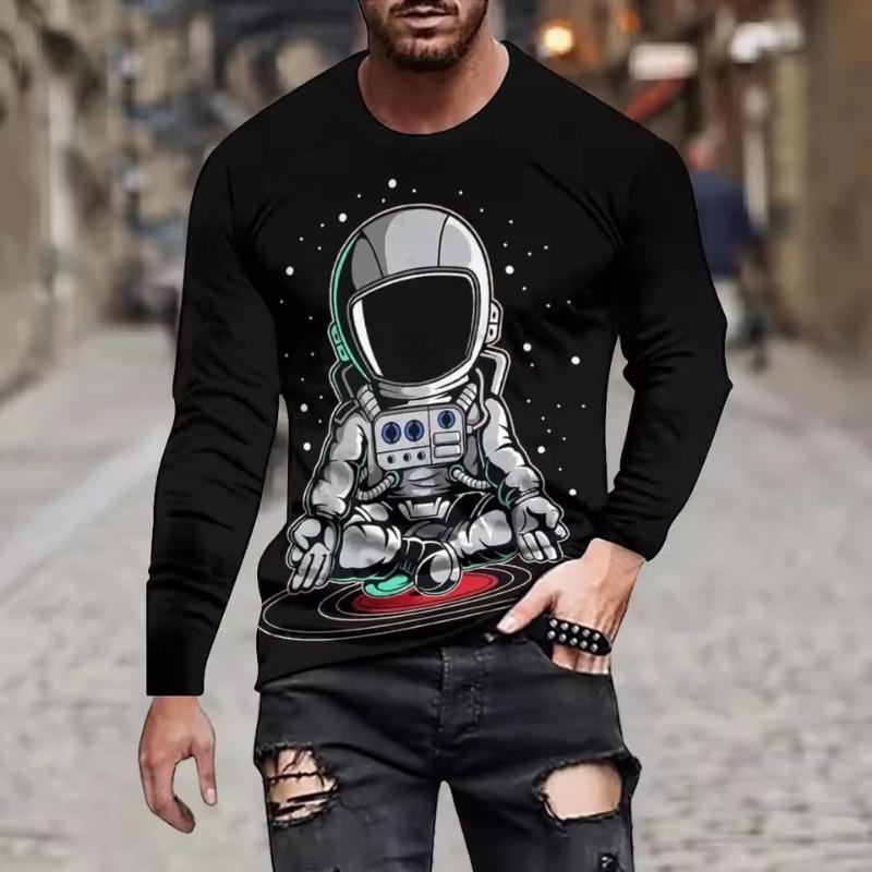 Street Personality Fashion Astronaut Fun Summer Men 3d Printed Crew Neck Long Sleeve Sleeve T-Shirt Loose Casual Clothing