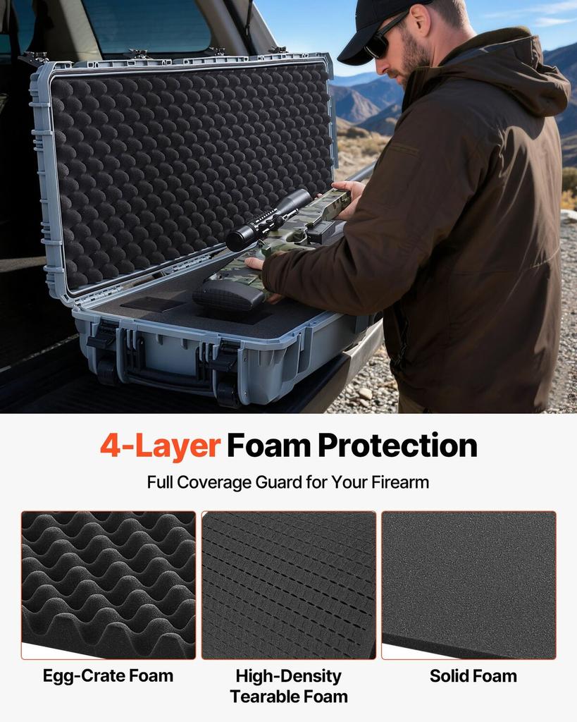 Hard Rifle Case, Lockable Rifle Case with Pre-cut Foams, 1320 mm Gun Storage with Wheels, Heavy Duty IP67 Waterproof & Dustproof Pistol Storage Cases