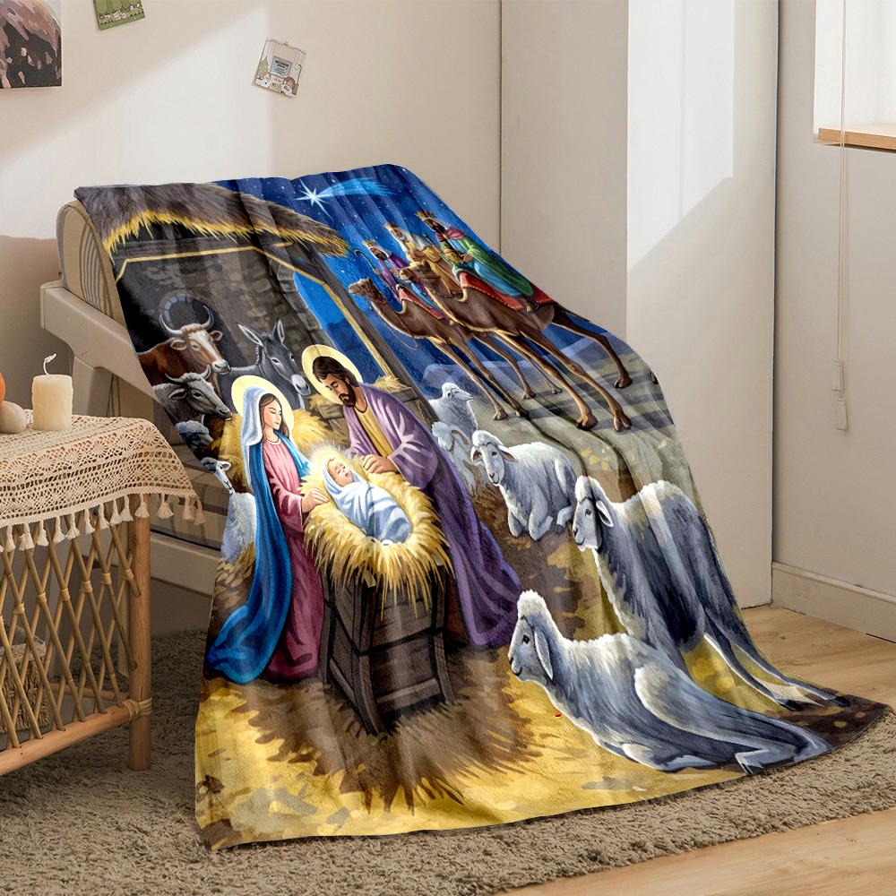 Nativity Scene with Holy Family and MagiFlannel blanket for bedroom, living room, sofa, and nap