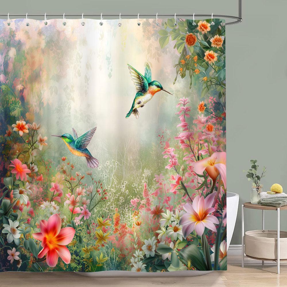 Bird Flower Shower Curtain Dahlia Eucalyptus Leaves Greenery Colourful Printed Polyester Waterproof Bath Curtains Bathroom Decor
