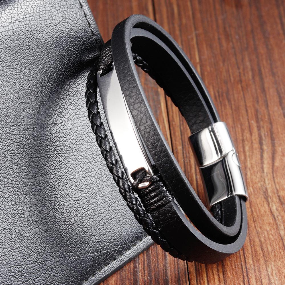 2026 Black Leather Rope Cowhide Men's Double Layer Genuine Leather Woven Bracelet Handmade Multi-Layer Leather Bracelet