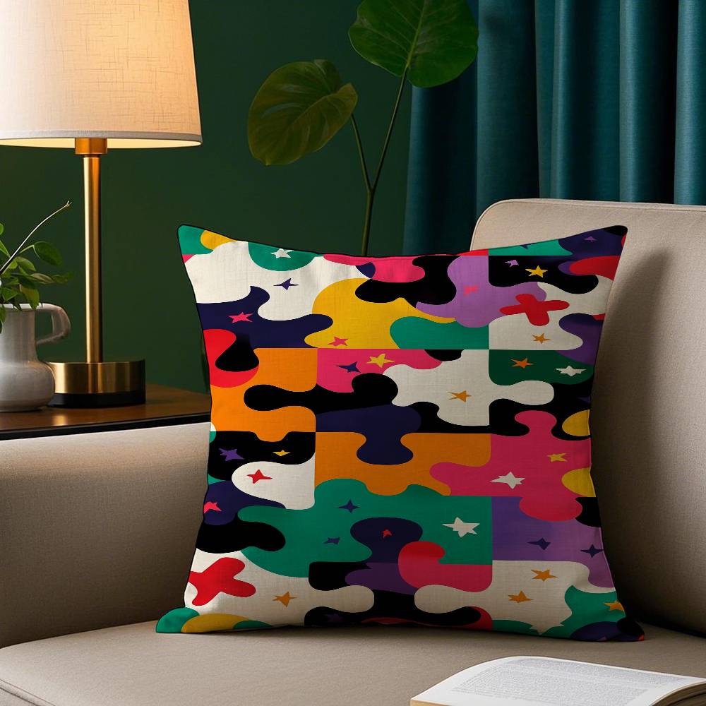 Cute Jigsaw Puzzle Pillow Case Plush Fabric Soft Pillowcase Double Sided Print Sofa Cushion Cover Throw