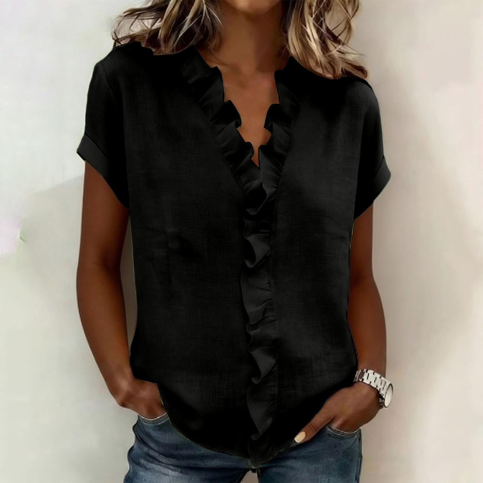 Женский элегантный и стильный топ с коротким рукавом и кружевным воротником L чёрный