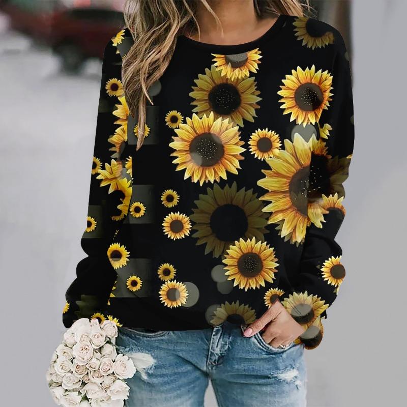Fashionable round neck long sleeved printed elegant casual loose T-shirt