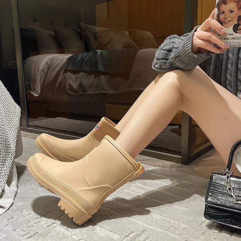 Winter Preppy Style Women's Fleece-Lined Rain Boots Anti-Slip Rubber Shoes Fashionable Outer Wear Adult Beautiful Waterproof