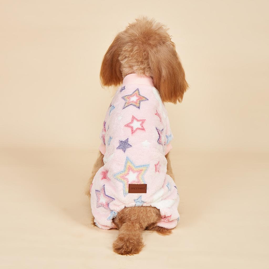 Pink Plush Dog Pajamas for Small Dogs Girl Winter Warm Puppy Pjs Fleece Clothes Sweater Outfit Cold Weather Dog Colorful Stars P