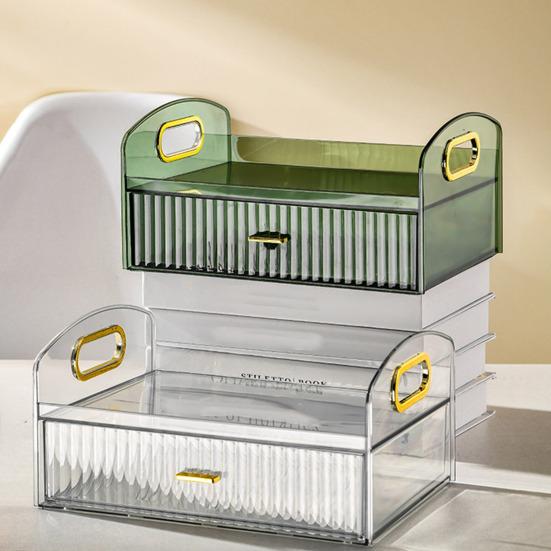 Desktop Cosmetic Storage Box with Drawer And Handle Transparent Two-tier Smooth Stable High Fence Lipstick Lotion Nail Polish Organizer Makeup Display