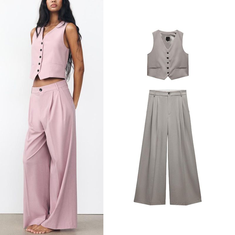 Spring New Women's Strap Decoration Sleeveless Vest Waistcoat 2010775 Double Pleated High Waist Loose Pants 1255506