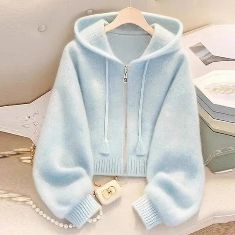 Cárdigans Azules Suaves de Estilo Holgazán de Otoño Primavera para Mujer, de Manga Larga, Elegantes, Chaqueta de Punto, Diseño Dulce, Ropa Exterior con Capucha Informal Femenina, Tops