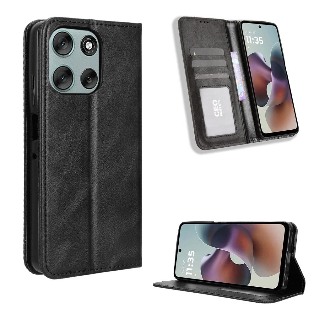 

For Motorola Moto G56 5G Leather Case Wallet Stand Retro Texture Phone Cover Black