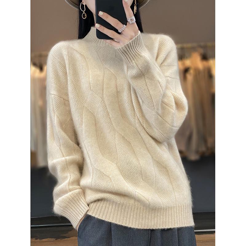2024 Women's 100% Wool Half-High Collar Twist Sweater - Thick, Solid Color, Loose Fit, Slim Knit