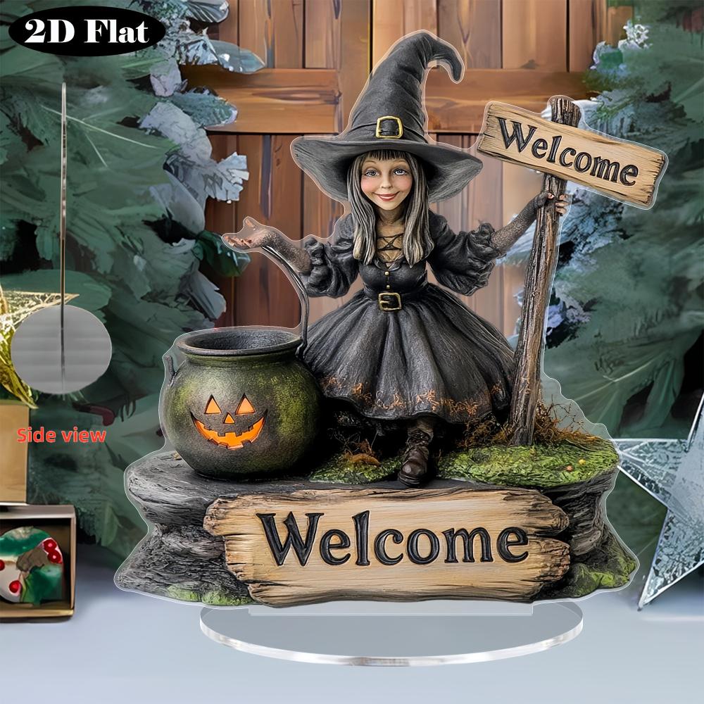 2D Flat Halloween Witch Pumpkin Acrylic Decoration - with Welcome Logo, Vintage Tabletop Ornament with Base, Perfect Halloween Gift