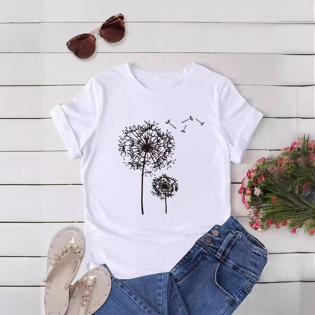European and American Summer Women's Dandelion Print Round Neck Short-Sleeve Casual T-Shirt
