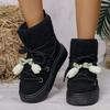 Fashion Floral Bowtie Lace Up Ankle Boots Women Cotton Padded Thicken Plush Snow Boots Plus Size Thick Sole Chunky Platform Cotton Boots