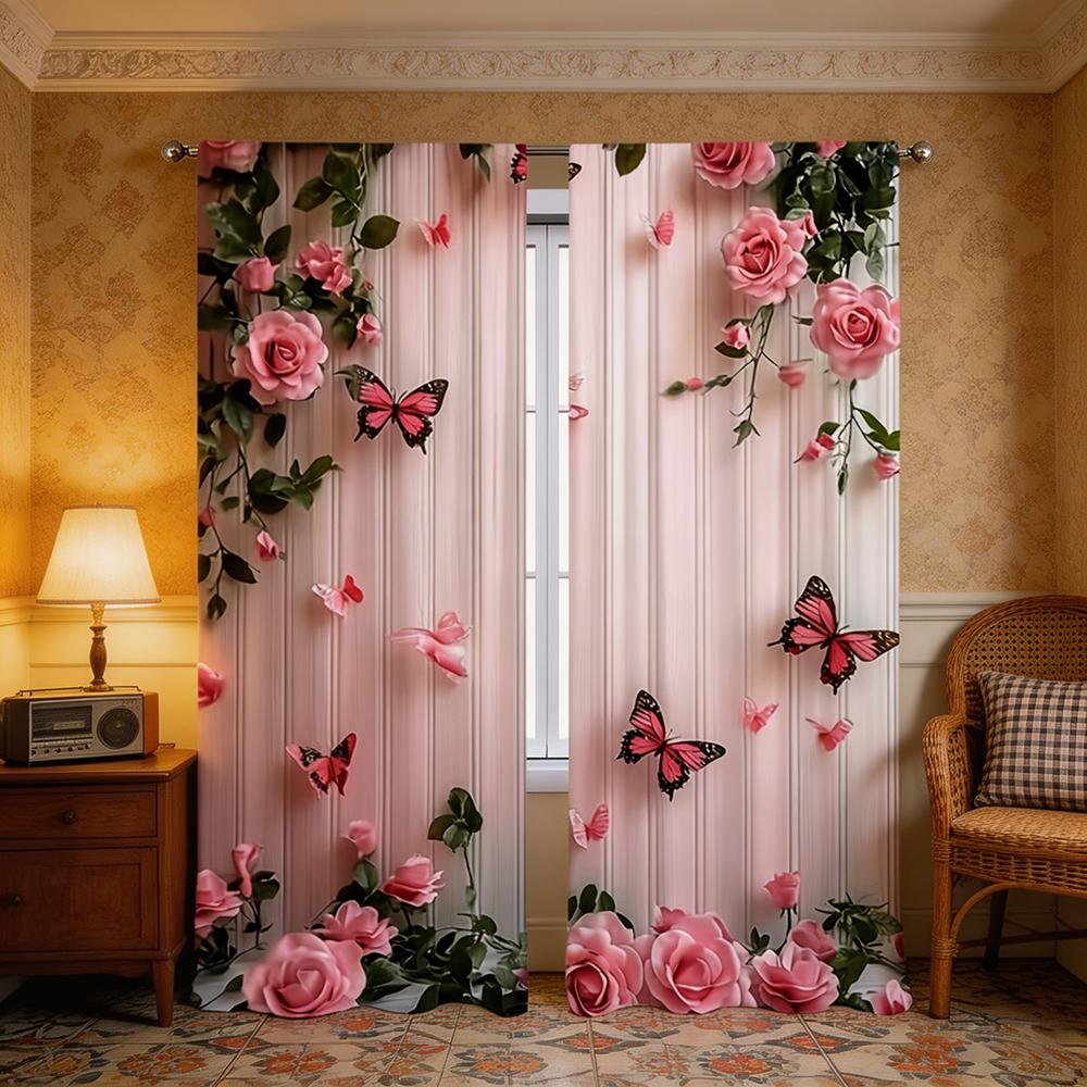 2PCS Pink Rose Butterfly Botanical Print Curtains Rod Pocket Window Drapes for Living Room Bedroom Decor