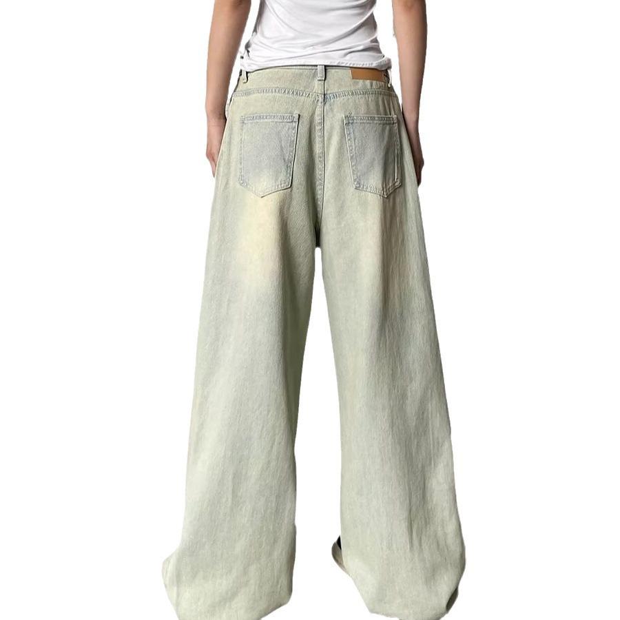 Women's Summer Retro Hong Kong Style Light Wash Wide Leg High Waist Denim Trousers
