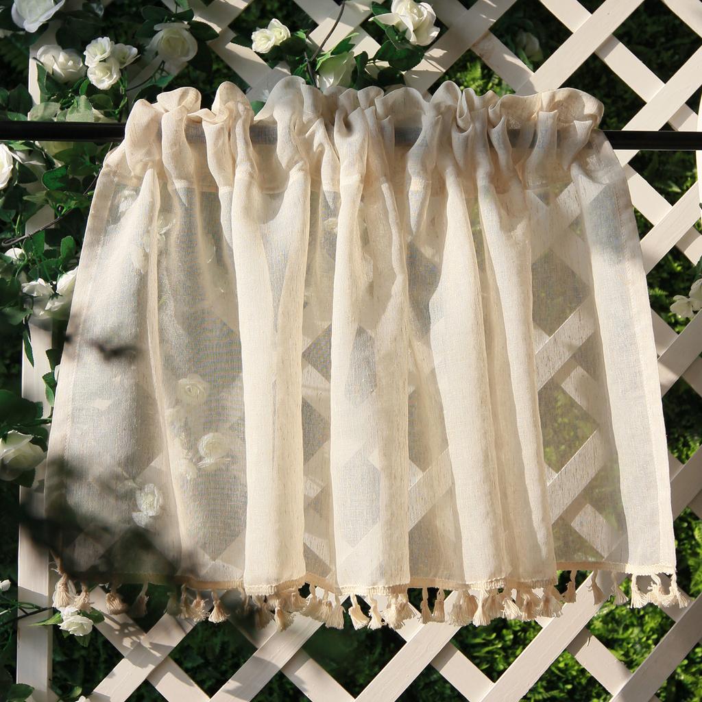 Vintage Linen Window Drapes Tassels Sheer Cream Beige Tier Curtains Cafe Kitchen Net Short Curtains Panels Rod Pocket Valance