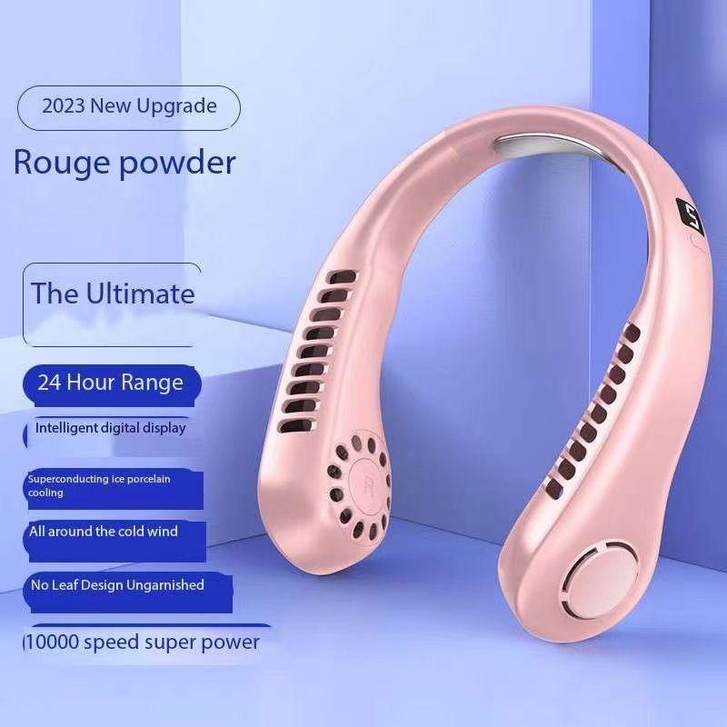 Non-Toxic Portable Mini Bladeless Mute Hanging Neck Fan Led Digital Display Ice Ceramic Body Sensation Cooling Colorful Atmosphere Lights