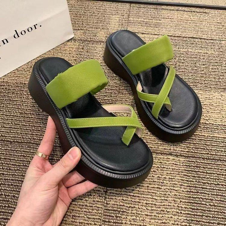 Muffin bottom set toe slippers medium heel rubber thick bottom toe one-word drag summer new