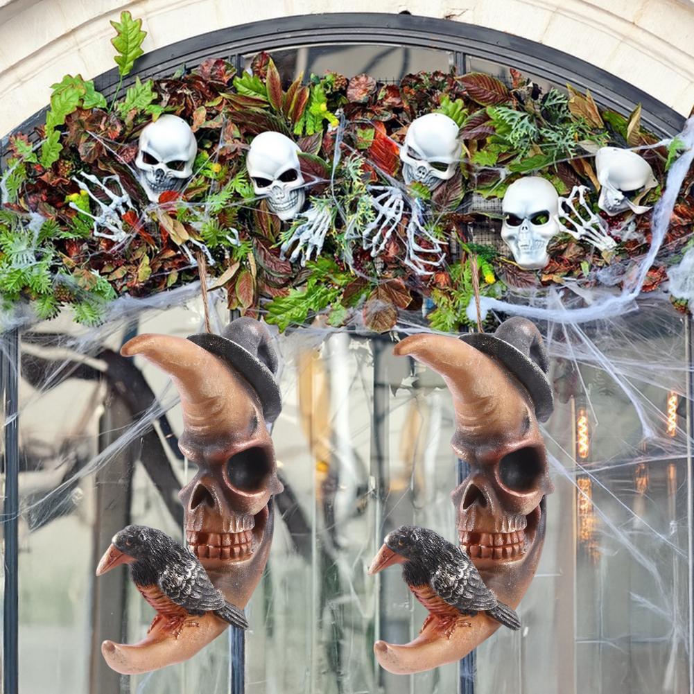 Decoração de Halloween em Resina Decoração de Lua de Halloween com Ornamento de Rosto de Caveira de Corvo para Decoração de Festa em Casa Interna Externa Festival Bruxa
