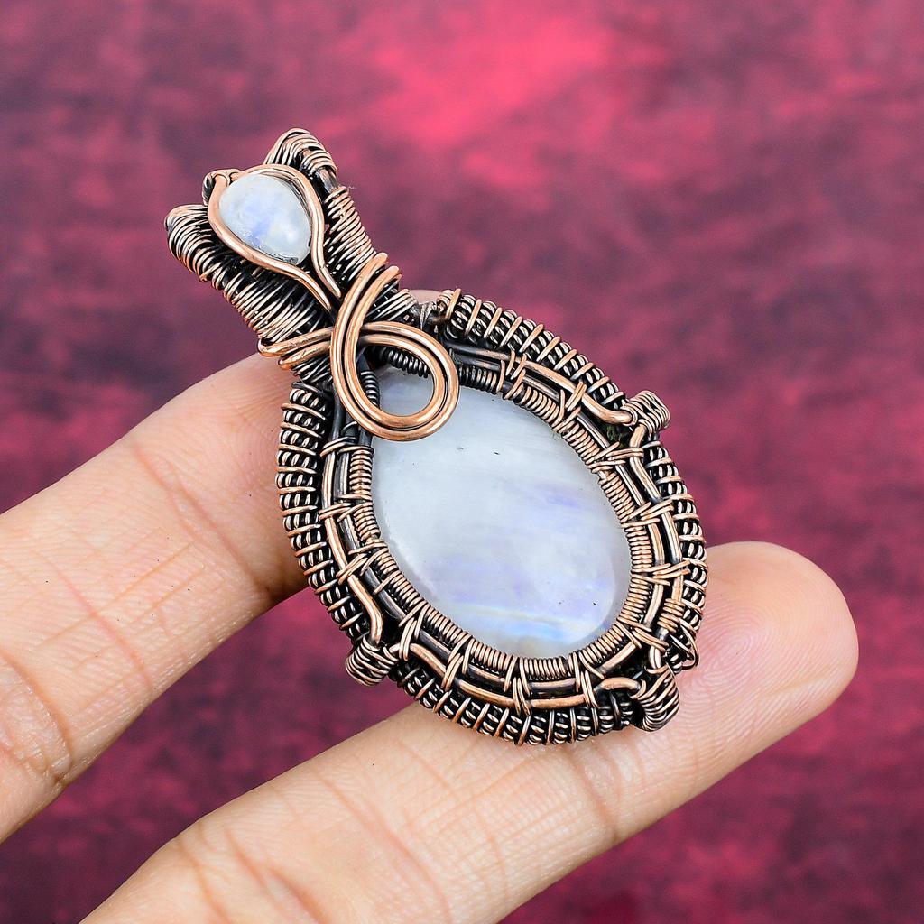 Rainbow Moonstone Pendant Gemstone Copper Wire Wrapped Jewelry Handmade Pendant