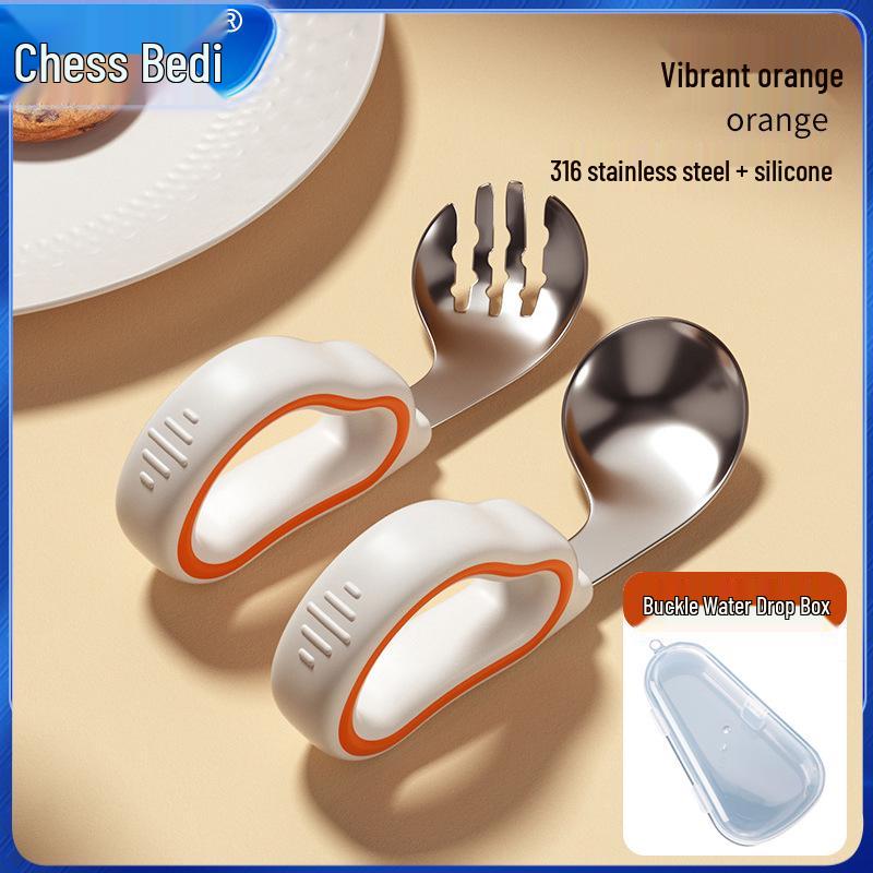 Infant Training Silicone Spoon & Fork Set - Stainless Steel, Short Handle, Bent Head for Learning To Eat