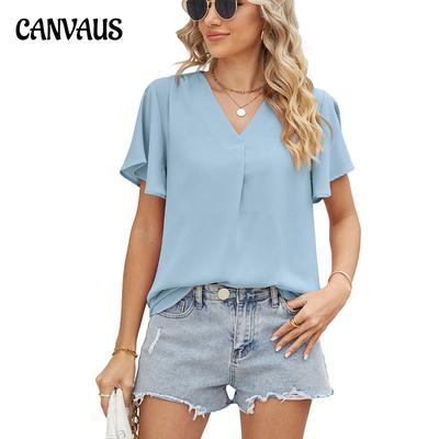 Summer Women's T-shirt V-neck Chiffon Shirt Pleated Loose Short-sleeved Tops