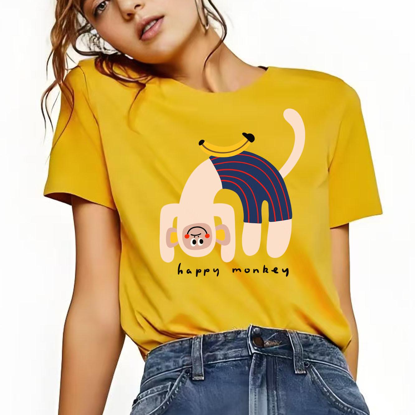 

Fun monkey print Tshirt casual short sleeved round neck top versatile Womens Tshirt suitable for all seasons S
