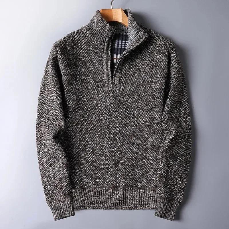 Autumn Winter Fleece Lined Heathered Texture Men's Half Turtleneck Half Zip Sweater Thickened Casual Pullovers