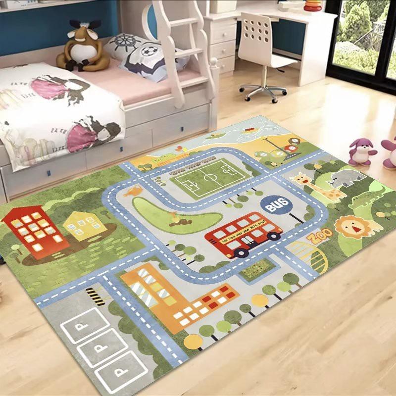 Kids Parking Lot Traffic Game Carpet Boy Car Cartoon Road Track Carpet Driveway Floor Mat Kids Game Crawl Floor Mat Home Decor