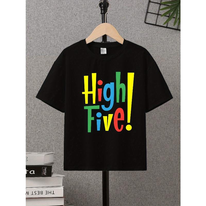 

European sizes Boys High Five Cartoon Graphic T-Shirt- Soft Stretch Purple, Casual Round Neck Tee, Summer Essential 98cm чёрный