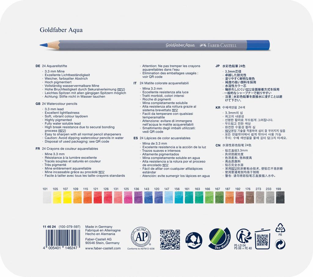 Faber-Castell Goldfaber Aqua Watercolor Pencil Set, 24 Colors in a Tin, 114624